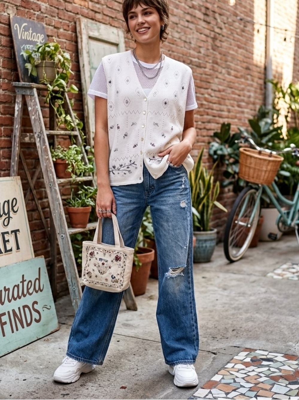 Vintage Koret | Ivory Knit Embroidered & Embellished Button Down Sweater Vest